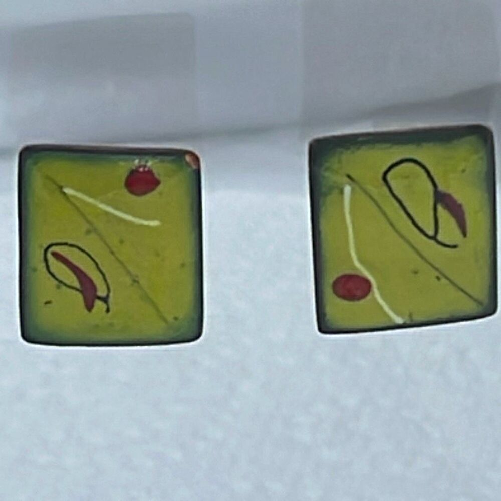 Artisan handmade enameled copper earrings signed.